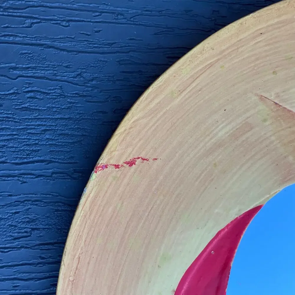 Vintage moon star celestial wooden mirror, red and yellow bohemian hippie whimsy